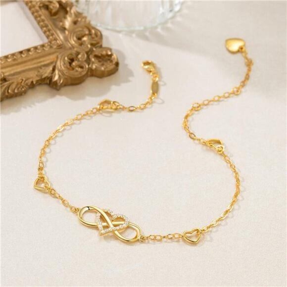 BlingGem Gold Infinity Heart Anklet Women Sterling Silver CZ Beach Jewelry - Picture 2 of 7